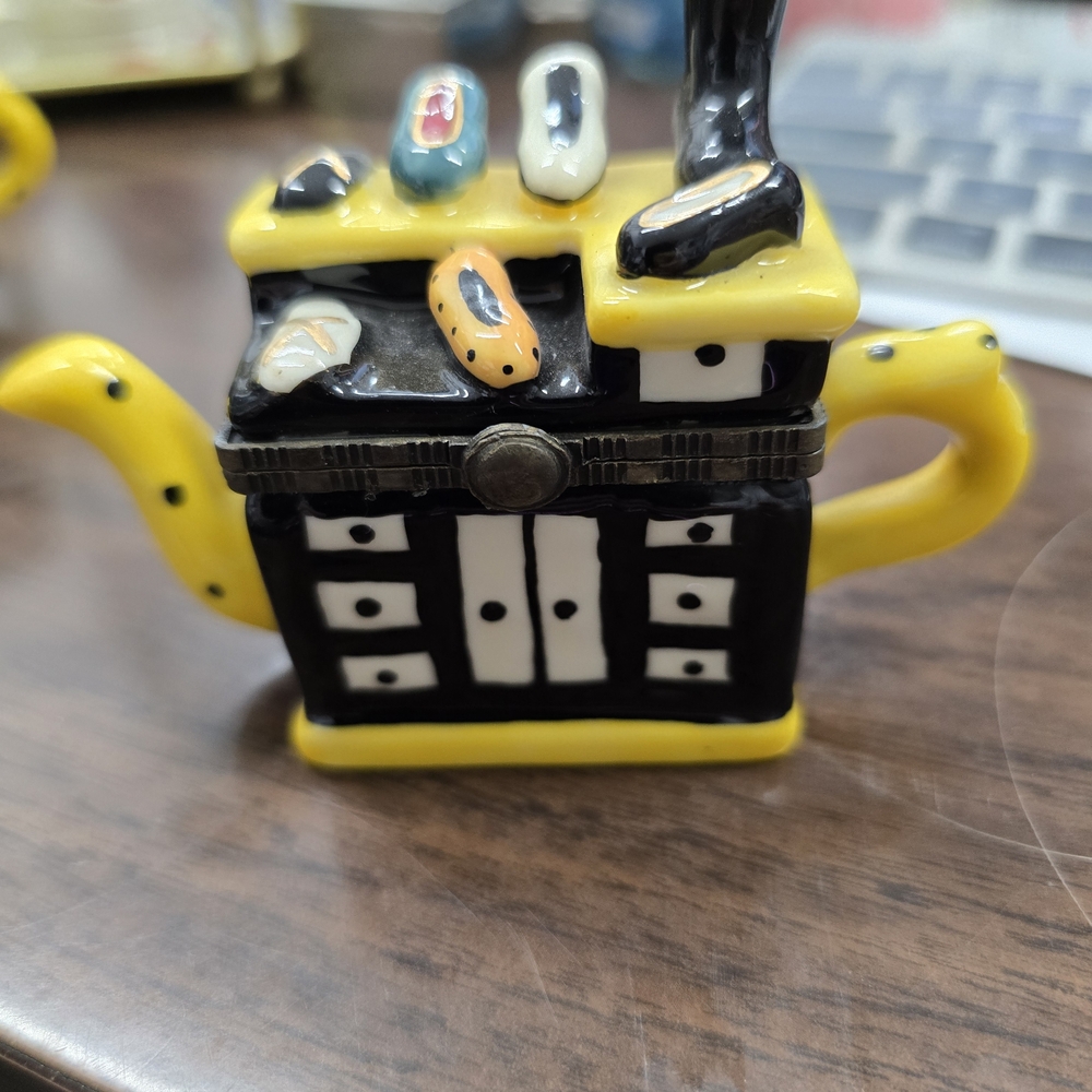 Yellow & Black Ceramic Teapot Figurine with Shoe Details